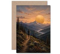 Tarjeta de cumpleaños inspiradora - Puesta de sol dorada Wanderlust - Llamativa silueta de excursionista en un sendero de montaña - 5 x 7 pulgadas, sobre incluido