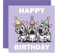 Tarjeta de cumpleaños juguetona - Animales de fiesta con sombreros - trío de cebras de dibujos animados en un morado audaz - Garantizado para despertar sonrisas de cumpleaños - cuadrado de 145 mm