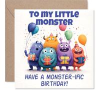 Tarjeta de cumpleaños juguetona - Big Birthday Cheers - Monstruos coloridos con globos y regalos - rebosante de diversión de fiesta - cuadrado de 145 mm, sobre incluido