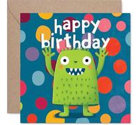 Tarjeta de cumpleaños juguetona - Big Birthday Smiles - Monstruo verde alegre con lunares coloridos llamativos - Una manera divertida de iluminar su día especial - Cuadrado de 145 mm, sobre incluido