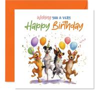 Tarjeta de cumpleaños juguetona - Bursting with Birthday Cheer - Cuatro perros vivos, globos y confeti en un motín de color - cuadrado de 145 mm, sobre incluido