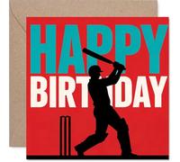 Tarjeta de cumpleaños juguetona - Celebración en pleno apogeo - Silueta atrevida de jugador de críquet en rojo vibrante - Vibraciones de cumpleaños deportivas para los fanáticos - Cuadrado de 145 mm