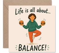 Tarjeta de cumpleaños juguetona - Encuentra tu equilibrio interior - Posición de yoga con hamburguesas y lengua en la mejilla - cuadrado de 145 mm, sobre incluido