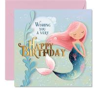 Tarjeta de cumpleaños juguetona - Haz un chapoteo con una escena de sirena burbujeante - Vibraciones subacuáticas pastel y diseño alegre - cuadrado de 145 mm, sobre incluido