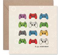 Tarjeta de cumpleaños juguetona - Level Up Their Day - Colorido patrón de controladores de videojuegos - Incluye sobre de papel kraft para un estilo extra - cuadrado de 145 mm, sobre incluido
