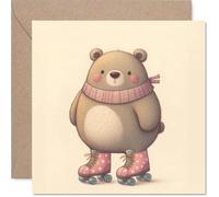 Tarjeta de cumpleaños juguetona - Oso caprichoso en patines trae la diversión - ilustración pastel alegre - manera encantadora de celebrar con estilo - cuadrado de 145 mm, sobre incluido