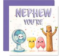 Tarjeta de cumpleaños juguetona para sobrino, llena de diversión, bonitos personajes juguetones en morado pastel, saludos a un sobrino brillante, cuadrada de 145 mm, sobre incluido