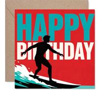 Tarjeta de cumpleaños juguetona - Ride the Wave into Another Year - Silueta de surfista sobre fondo rojo audaz - para aquellos que aman un poco de aventura - cuadrado de 145 mm, sobre incluido
