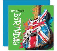Tarjeta de cumpleaños juguetona - Rock Out on Your Big Day - Diseño de guitarra Union Jack en verde audaz - llena de espíritu de cumpleaños británico - cuadrado de 145 mm, sobre incluido