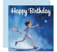 Tarjeta de cumpleaños juguetona - Sirve Up Birthday Fun - Ilustración energética de niño de tenis con vibraciones azules de ensueño - Diseño divertido para los más pequeños deportistas - Cuadrado de
