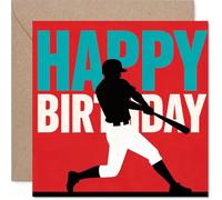 Tarjeta de cumpleaños juguetona - Step Up to the Plate - Silueta de jugador de béisbol sobre un fondo rojo audaz - Diseño brillante y deportivo para los fans - Cuadrado de 145 mm, sobre incluido