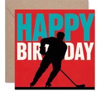Tarjeta de cumpleaños juguetona - Trae la energía del cumpleaños - silueta atrevida de jugador de hockey con toques deportivos de rojo y azul - cuadrado de 145 mm, sobre incluido