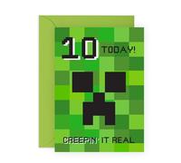 Tarjeta de cumpleaños número 10 inspirada en Minecraft, regalos para jugadores con texto en inglés "Creeping It Real 10" para niños, niños, hijos, sobrinos, sobrinas, niñas, nietos, vecinos y él, diez
