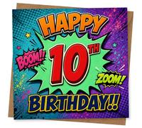 Tarjeta de cumpleaños número 10 - Tarjeta de cumpleaños 10 estilo cómic para 10 años, diseño colorido de zoom Boom