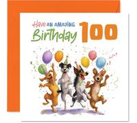 Tarjeta de cumpleaños número 100 con diseño de patas, diseño de cuatro perros, globos y confeti para un 100 cumpleaños, llena de color y celebración, cuadrada de 145 mm, sobre incluido