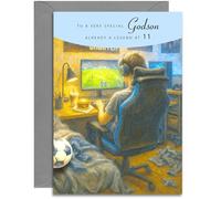 Tarjeta de cumpleaños número 11 para ahijado - Tarjeta de cumpleaños de leyenda de juegos para un ahijado especial de 11 años con bonito versículo en el interior, tamaño A5 con sobre gris