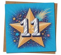 Tarjeta de cumpleaños número 11 para niños, estrella dorada y fuegos artificiales, cuadrada, 145 mm x 145 mm, tarjeta de felicitación de celebración de 11 años, incluye sobre de papel kraft