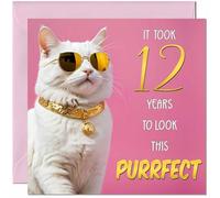 Tarjeta de cumpleaños número 12 de gato para niñas - Purrfect Cumpleaños - Divertida tarjeta de cumpleaños de gato para niñas de 12 años, hija, niña, doce, nieta, hermana, sobrina, prima, gatito,