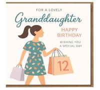 Tarjeta de cumpleaños número 12 para nieta, para una bonita nieta, feliz cumpleaños, deseándote un día especial, ilustración de bolsas de la compra