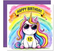 Tarjeta de cumpleaños número 12 para niñas, unicornio arcoíris, bonita tarjeta de cumpleaños de unicornio para niñas de 12 años, doce y doce