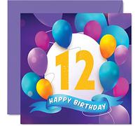 Tarjeta de cumpleaños número 12 para niños y niñas, fiesta de globos, tarjetas de feliz cumpleaños para niños de 12 años, hermano, hermana, hijo, hija, nieto, nieta, primo, tarjetas de felicitación de