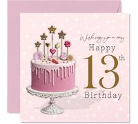 Tarjeta de cumpleaños número 13 - Celebra el cumplimiento trece con estilo - Pastel de goteo rosa con estrellas, corazones y adornos de purpurina - cuadrado de 145 mm, sobre incluido