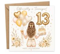 Tarjeta de cumpleaños número 13 para niñas con sobre, diseño floral de globo dorado y crema, saludo para una niña de 13 años que comienza su adolescencia en su día especial