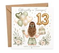 Tarjeta de cumpleaños número 13 para niñas con sobre, diseño floral de globo verde salvia, saludo para una niña de 13 años que comienza su adolescencia en su día especial