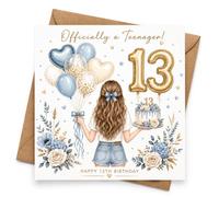 Tarjeta de cumpleaños número 13 para niñas con sobre, diseño floral de globos azules y dorados con texto en inglés "Officially a Teenager", saludo para una niña de 13 años que comienza su adolescencia