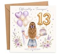 Tarjeta de cumpleaños número 13 para niñas con sobre, globo lila y diseño floral con texto en inglés "Officially a Teenager", saludo para una niña de 13 años que comienza su adolescencia en su día
