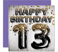 Tarjeta de cumpleaños número 13 para niños, globos negros y dorados con purpurina, tarjetas de feliz cumpleaños para niño de 13 años, hijo, hermano, nieto, primo, 145 mm x 145 mm, trece trece trece