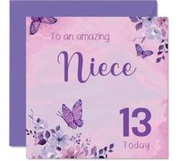 Tarjeta de cumpleaños número 13 para sobrina, mariposas caprichosas y flores en rosas y morados vibrantes, alegría mágica de 13 cumpleaños, cuadrada de 145 mm, sobre incluido