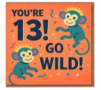 Tarjeta de cumpleaños número 13 - ¡You're 13! Go Wild! Cheeky Monkeys and Colorful Confetti - Divertida tarjeta de cumpleaños para adolescentes