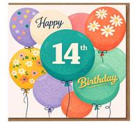 Tarjeta de cumpleaños número 14, diseño de globos coloridos con patrones florales y confeti, feliz cumpleaños número 14