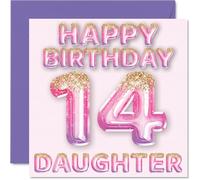 Tarjeta de cumpleaños número 14 para hija, globos de purpurina rosa y morada, tarjetas de feliz cumpleaños para hija de 14 años de parte de mamá, papá, padres, tarjetas de felicitación de cumpleaños