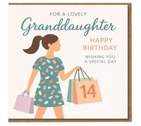 Tarjeta de cumpleaños número 14 para nieta, para una bonita nieta, ilustración del día de compras, feliz cumpleaños, deseándote un día especial