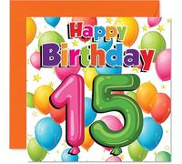 Tarjeta de cumpleaños número 15 - Vibraciones de cumpleaños coloridas - Globos y estrellas en un vibrante diseño multicolor - perfecta para un hito alegre - cuadrado de 145 mm, sobre incluido