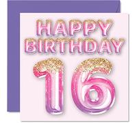 Stuff4 Tarjeta de cumpleaños número 16 para niñas, globos de purpurina rosa y morada, tarjetas de feliz cumpleaños para niñas de 16 años, hija, hermana, nieta, prima, 145 mm x 145 mm, tarjetas de