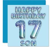 Tarjeta de cumpleaños número 17 para hijo, globos de fiesta con purpurina azul, tarjetas de feliz cumpleaños para hijo de 17 años de mamá, papá, padres, tarjetas de felicitación de cumpleaños de 145