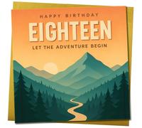 Tarjeta de cumpleaños número 18 - 18 Let the Adventure Begin Mountain Scene - Cuadrada 145 mm x 145 mm - Tarjeta inspiradora para él o ella, incluye sobre dorado