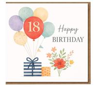 Tarjeta de cumpleaños número 18, globos pastel con cajas de regalo de rayas rojas y ramo floral, elegante diseño de feliz cumpleaños para celebrar un decimoctavo