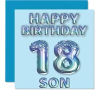 Tarjeta de cumpleaños número 18 para hijo, globos de fiesta con purpurina azul, tarjetas de feliz cumpleaños para hijo de 18 años de parte de mamá, papá, padres, tarjetas de felicitación de cumpleaños