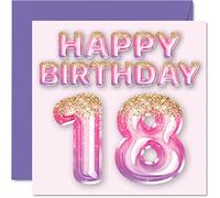 Tarjeta de cumpleaños número 18 para mujer, globos de purpurina rosa y morada, tarjetas de feliz cumpleaños para mujer de 18 años, hija, hermana, tía, prima, 145 mm x 145 mm, tarjetas de felicitación