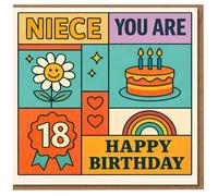 Tarjeta de cumpleaños número 18 para sobrina, diseño retro de bloques coloridos con pastel, arco iris, corazones y flores sonrientes, texto en inglés "NIECE YOU ARE 18 HAPPY BIRTHDAY"