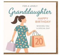 Tarjeta de cumpleaños número 20 para nieta, para una nieta encantadora, feliz cumpleaños, ilustración de bolsas de compras, hito de 20 años