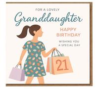 Tarjeta de cumpleaños número 21 para nieta, con ilustración de bolsas de compras con 21, feliz cumpleaños, deseándote un día especial