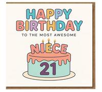 Tarjeta de cumpleaños número 21 para sobrina, pastel colorido con texto en inglés "Happy Birthday to the Most Awesome Niece", bonita tarjeta de hito para ella