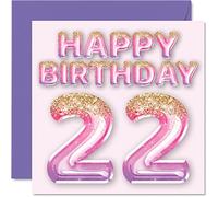 Tarjeta de cumpleaños número 22 para mujer, globos de purpurina rosa y morada, tarjetas de feliz cumpleaños para mujer de 22 años, hija, hermana, tía, prima, 145 mm x 145 mm, veintidós tarjetas de