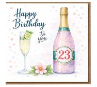 Tarjeta de cumpleaños número 23 - Botella de champán de acuarela y cristal, «Happy Birthday to You» con confeti pastel y flor rosa, elegante tarjeta de celebración para él o ella