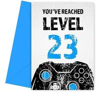 Tarjeta de cumpleaños número 23 para hombre, color negro y azul, alcanzó el nivel 23, tarjeta de cumpleaños para hijo, nieto, sobrino o hermano. Tarjeta de feliz cumpleaños para hombres de 23 años